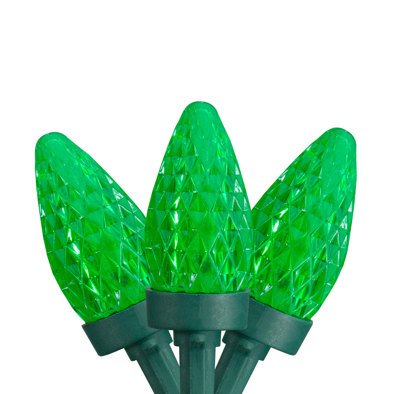 50 Count Green LED C7 Faceted Christmas Lights, 20.25 ft Green Wire