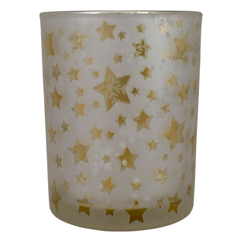 5" Matte Silver and Gold Stars and Snowflakes Flameless Glass Candle Holder