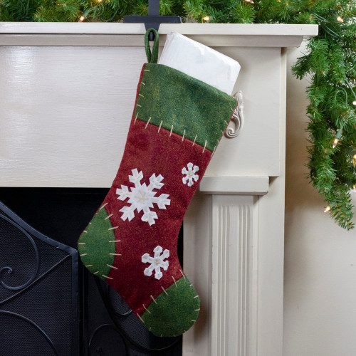 20" Green and Red Snowflake Christmas Stocking with Blanket Stitching