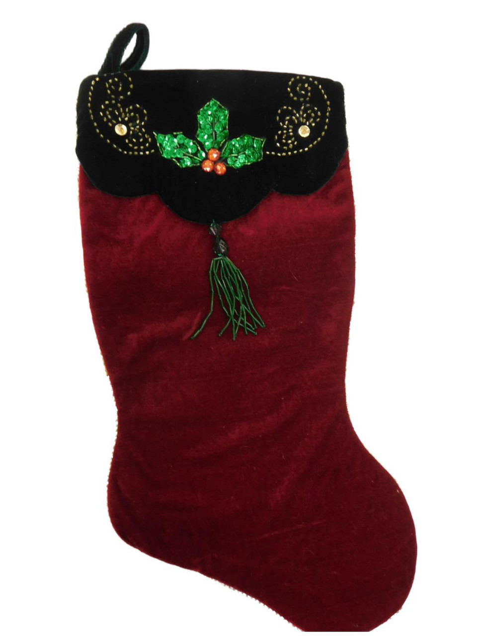 Embellished Red & Green Velvet Beadded Hollyy Christmas Holiday Stocking