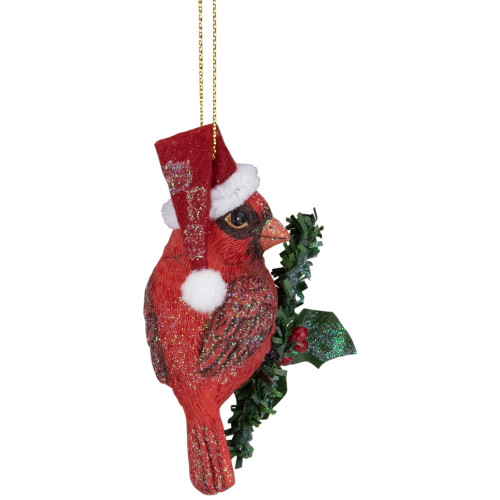 3.5" Red Cardinal Bird Wearing Santa Hat Christmas Ornament