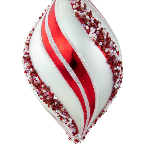 Set of 2 White and Red Glitter and Beads Striped Finial Glass Christmas Ornaments 5.5"