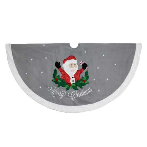 48" Gray and White Traditional Happy Santa Christmas Tree Skirt