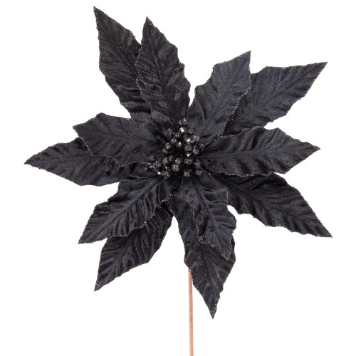 26" Black Glittered Poinsettia Christmas Stem Spray