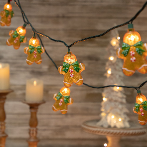 10ct Gingerbread Man Christmas Lights, Clear Lights, Green Wire