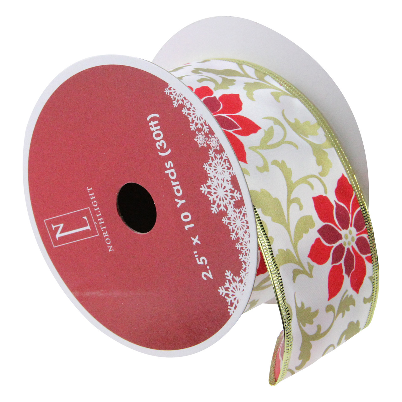 Red and Gold Poinsettia Print Wired Christmas Craft Ribbon 2.5" x 10 Yards