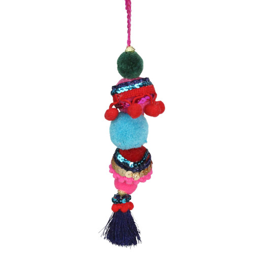 6.25" Blue and Red Bohemian Christmas Pom Pom Ornament