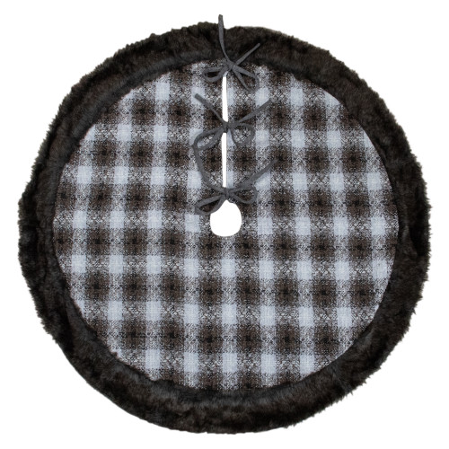 48" Brown and White Plaid Christmas Tree Skirt with Faux Fur