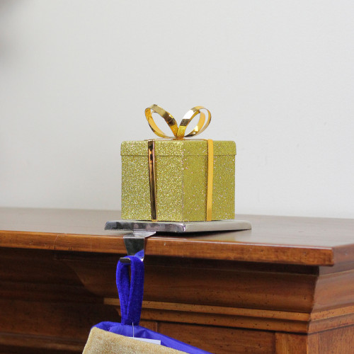 5.5" Glitter Gold and Silver Gift Box Metal Christmas Stocking Holder