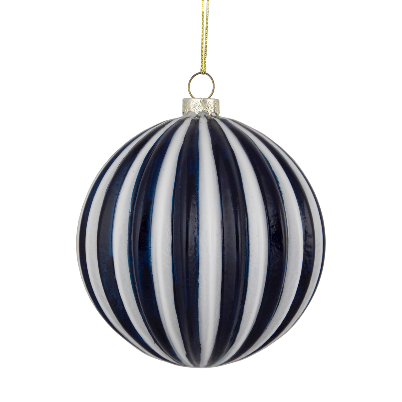 4" Blue and White Striped Glass Christmas Ornament