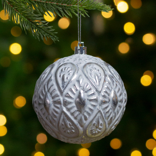 3.5" White and Silver Floral Distressed Christmas Ball Ornament