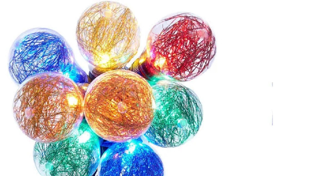 10 Count Multi Color Tinsel Filled Globe Light Set - 6.5 ft Green Wire