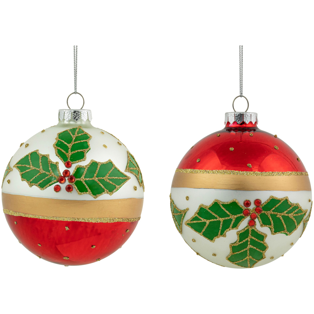 Set of 2 Holly and Berries Glittered Christmas Glass Ball Ornaments 4"