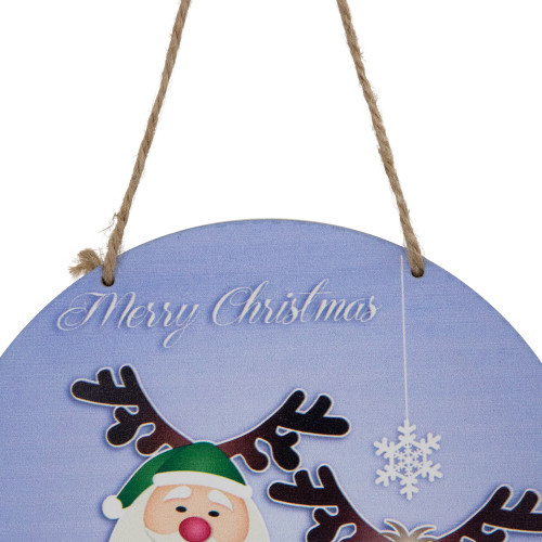 8" Blue and Green Santa and Reindeer "Merry Christmas" Disc Ornament