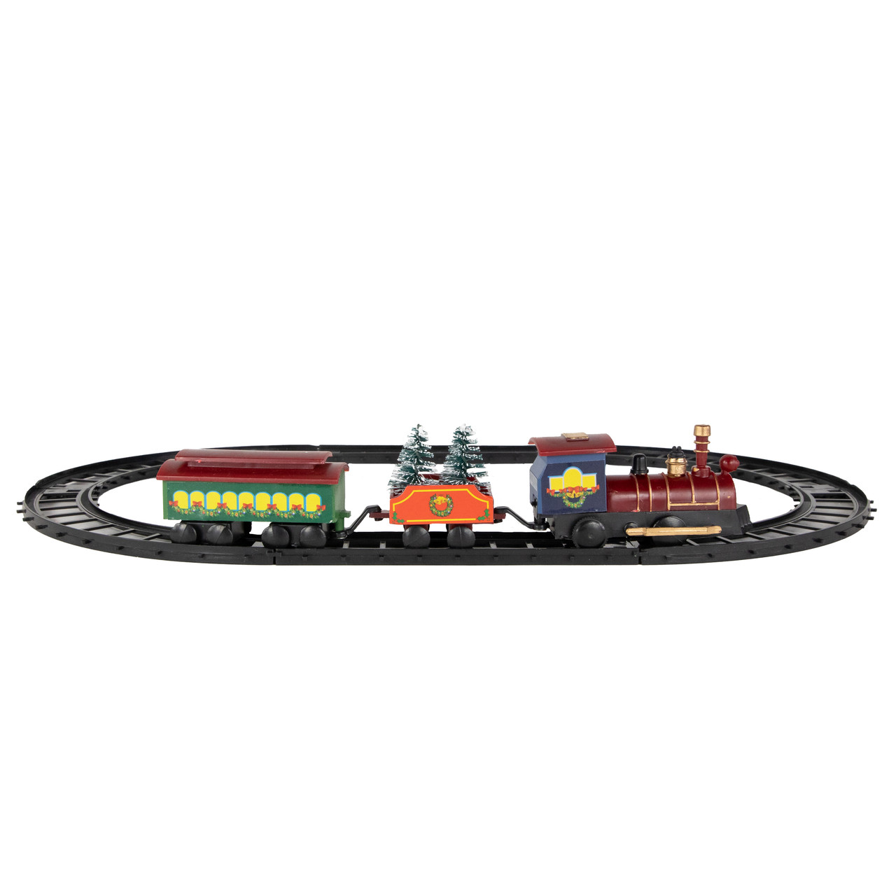 Animated Christmas Train Set Carrying Frosted Pine Trees - 9-Piece