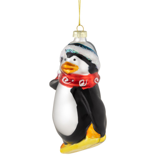 4.25" Snowboarding Penguin Glass Christmas Ornament