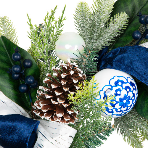 Frosted Pine with Blueberries, Bows and Ornaments Christmas Wreath - 24" - Unlit