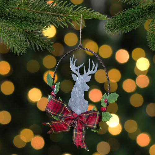 5.5" Wreath and Galvanized Moose Christmas Ornament with Plaid Bow