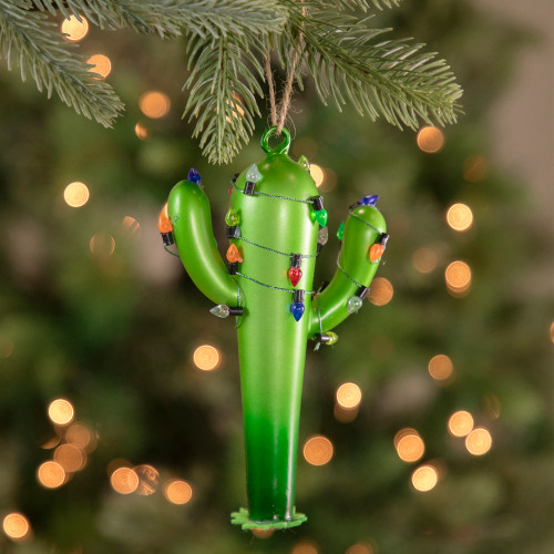 5.5" Green Cactus with Retro Light String Glass Christmas Ornament