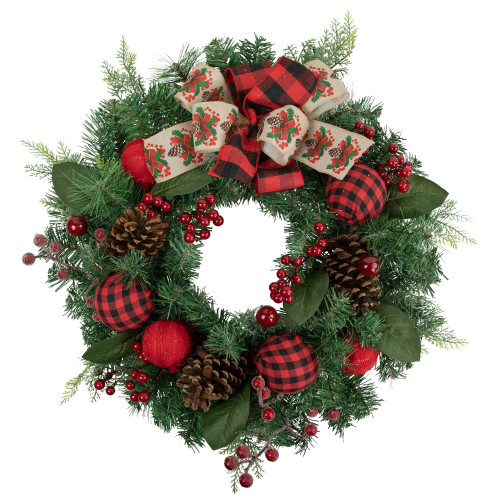 Pine Artificial Christmas Wreath with Bows and Plaid Ornaments - 24" - Unlit