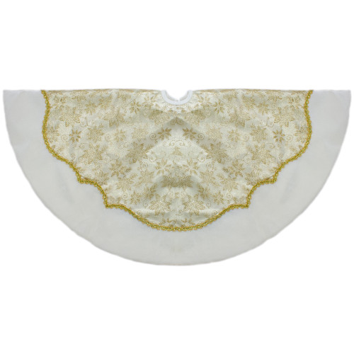 48-Inch Gold Poinsettia Glitter Christmas Tree Skirt with a Velvet Border