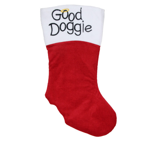 19" Red and White Embroidered Halo "Good Doggie" Christmas Stocking with Cuff