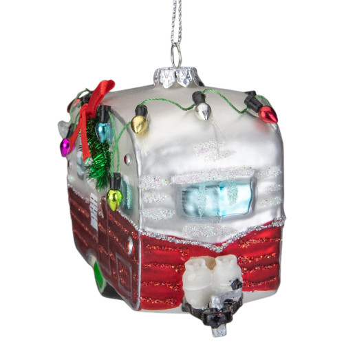 5" Red and White Vintage Camper Glass Christmas Ornament