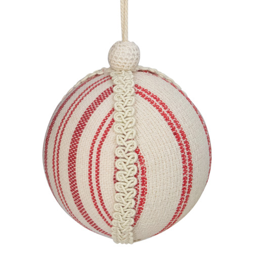 4.75" White and Red Striped Ball Christmas Ornament with Rope Accent
