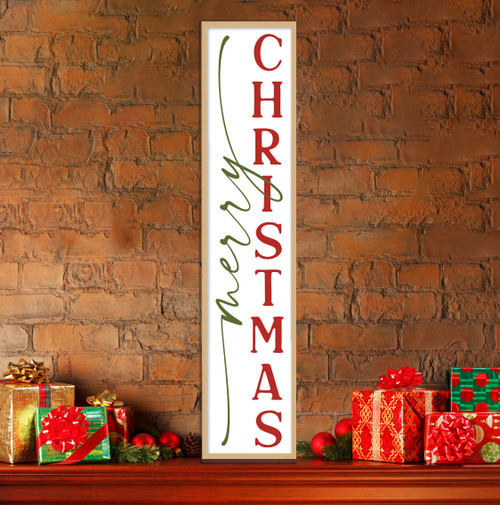 Merry Christmas Tall 10" x 43.5" Framed Christmas Wall Decor Art Print Sign Poster in a Natural Wooden Frame with UV Acrylic and Hangers