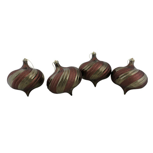 4ct Mocha Brown Swirl Shatterproof 2-Finish Onion Drop Christmas Ornaments 5.75" (150mm)