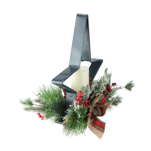 15" Green and Ivory Pine Needle, Berry, and Jingle Bell Deep Star Shaped Candle Holder