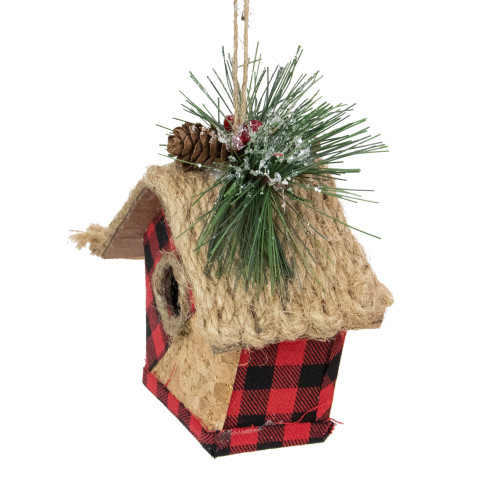 5.75" Red and Black Buffalo Plaid Hanging Bird House Christmas Ornament