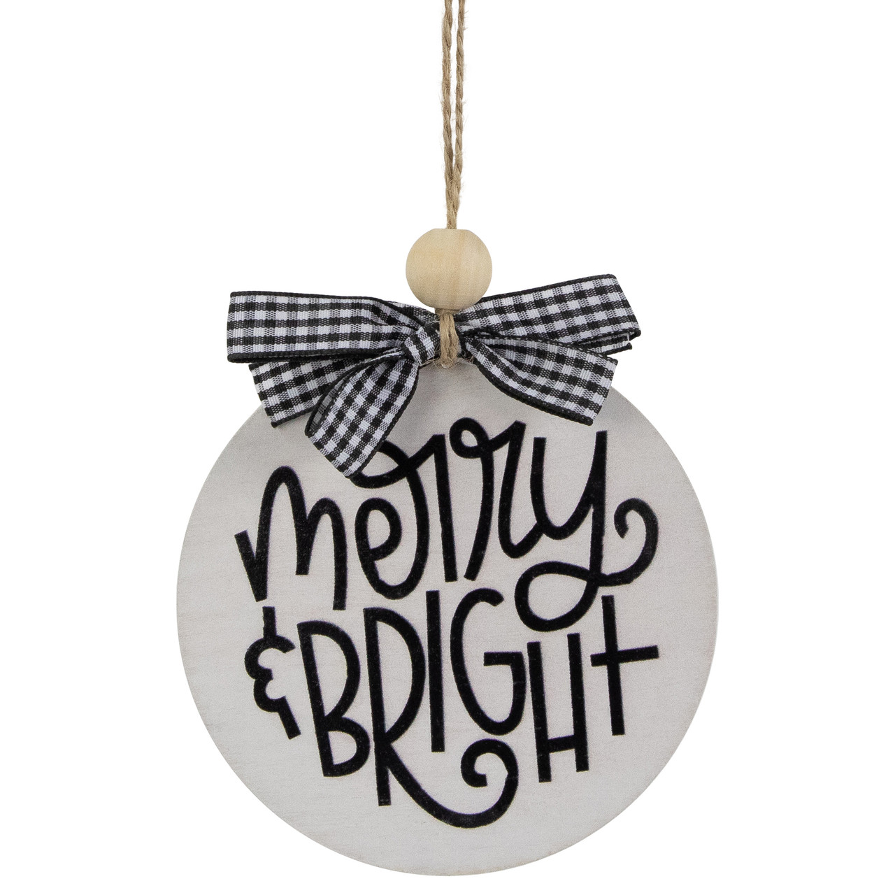 4" Black and White Merry & Bright Christmas Disc Wooden Ornament with Plaid Bow