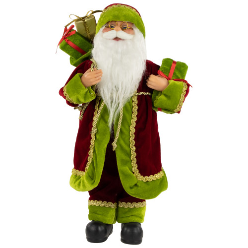 16" Burgundy and Bright Green Santa Claus with Gifts Christmas Figure