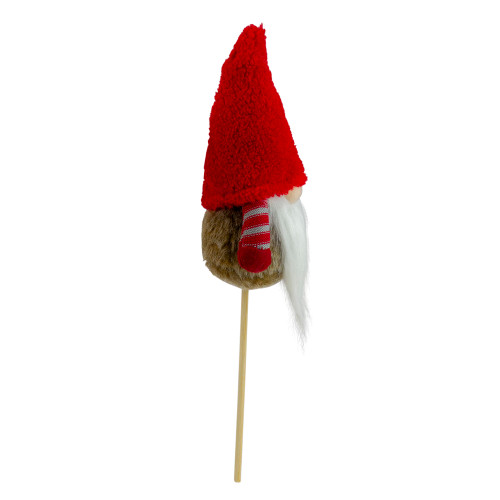 11.5" Tiny Gray Faux Fur Santa Gnome with Red Hat and Striped Arms on a Stick Christmas Decoration