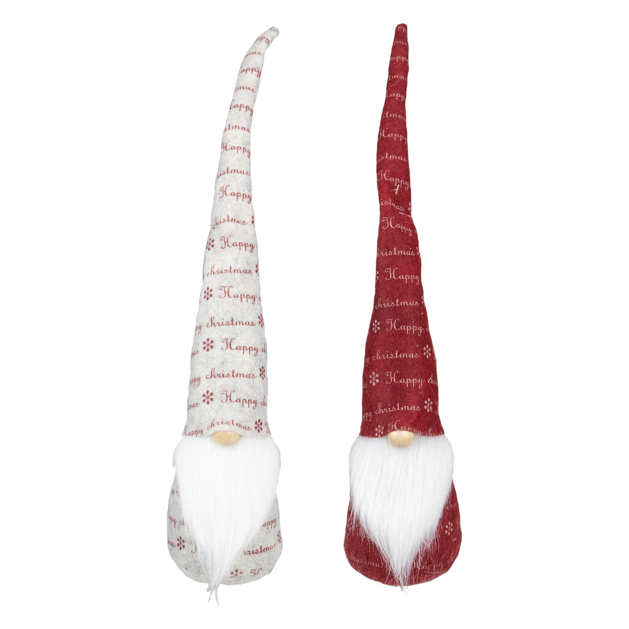 Tall Pointy Hat "Happy Christmas" Gnomes - 18" - Red and Ivory - Set of 2