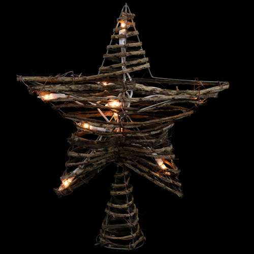 11" Lighted Rattan Twigs Star Christmas Tree Topper- Clear Lights, White Wire