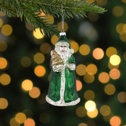 5.5" Nordic Green and Silver Santa Hanging Glass Christmas Ornament