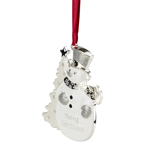 3.5" White Silver-Plated Snowman Merry Christmas Ornament with European Crystals
