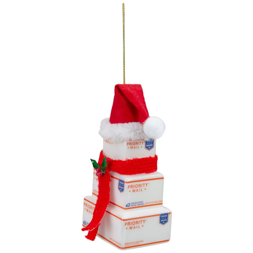 4.5" White and Red "USPS Priority Mail" Stacked Packages Santa Hat Christmas Ornament