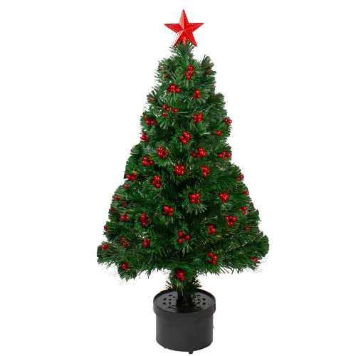 Pre-Lit Color Changing Fiber Optic Christmas Tree with Berries - 3'