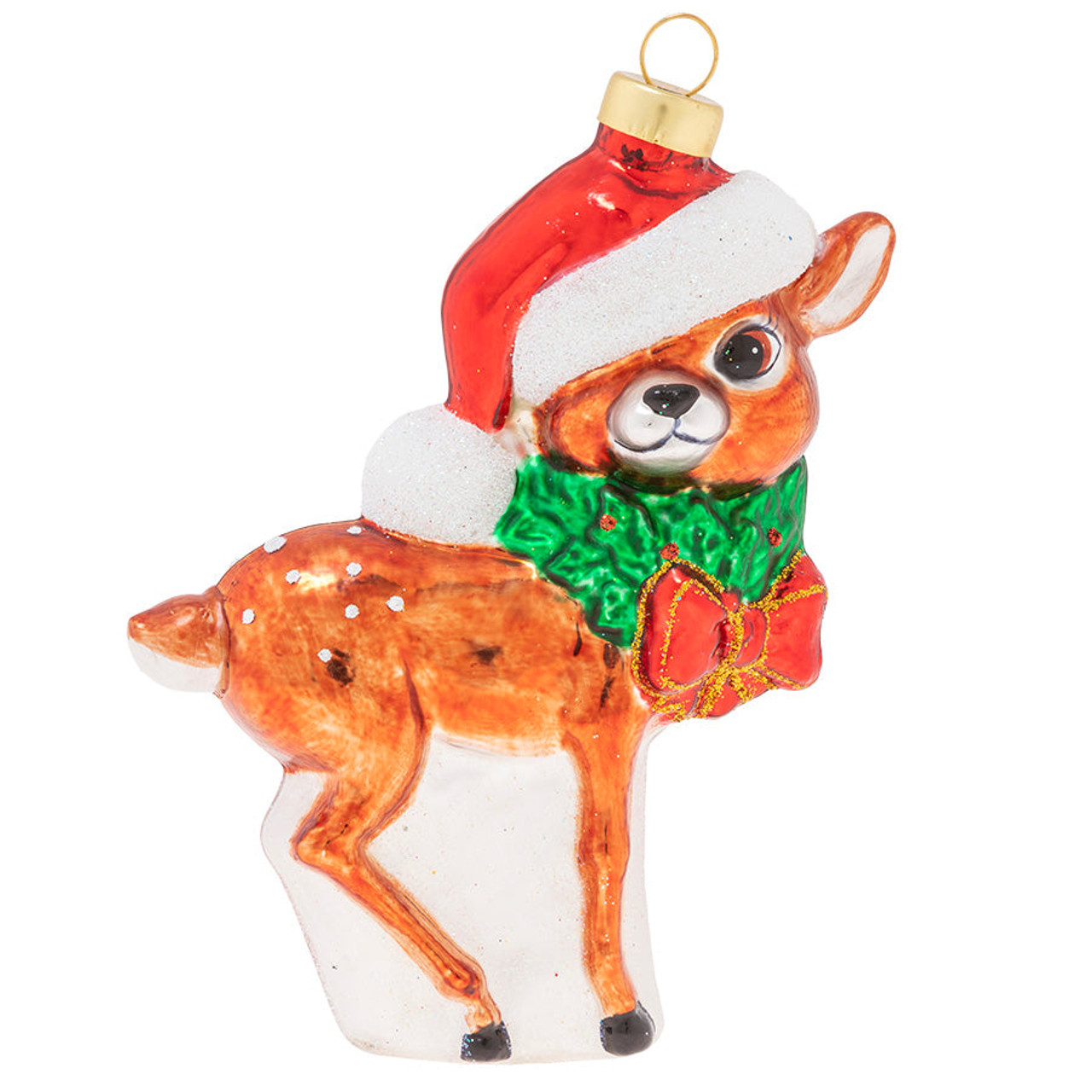 5" Jolly Reindeer Calf in Santa Hat Glass Christmas Ornament