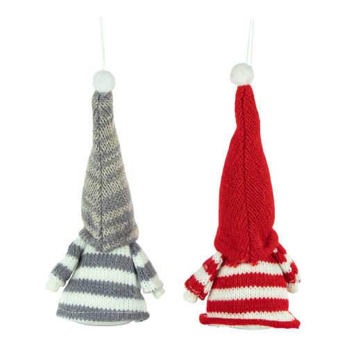 Set of 2 Red and Gray Striped Gnome Plush Christmas Ornaments 6.25"