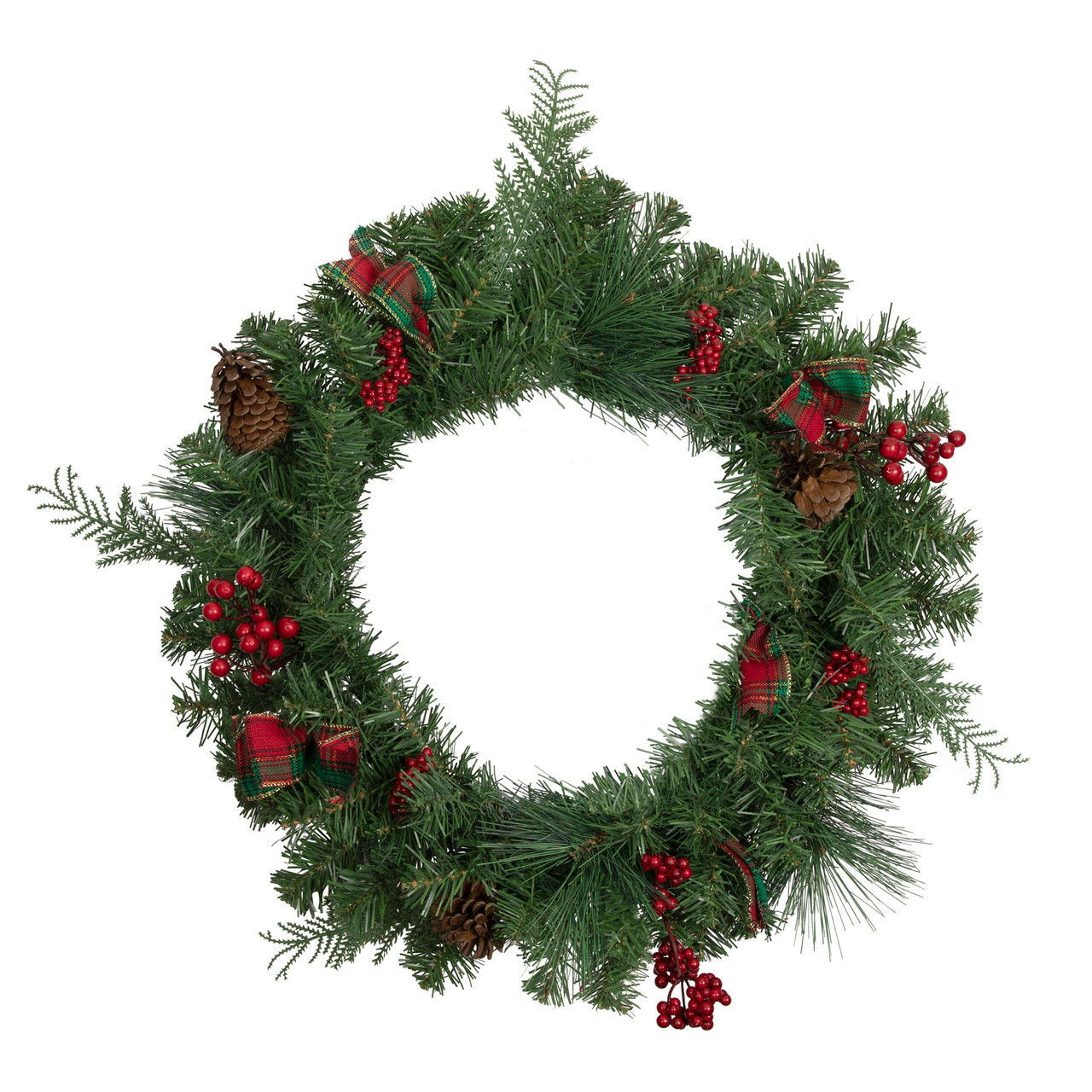 Pine Cones and Berries Artificial Christmas Wreath with Ribbon - 24" - Unlit
