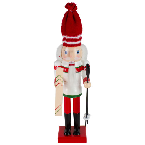 14" Red and White Wooden Skiing Christmas Nutcracker
