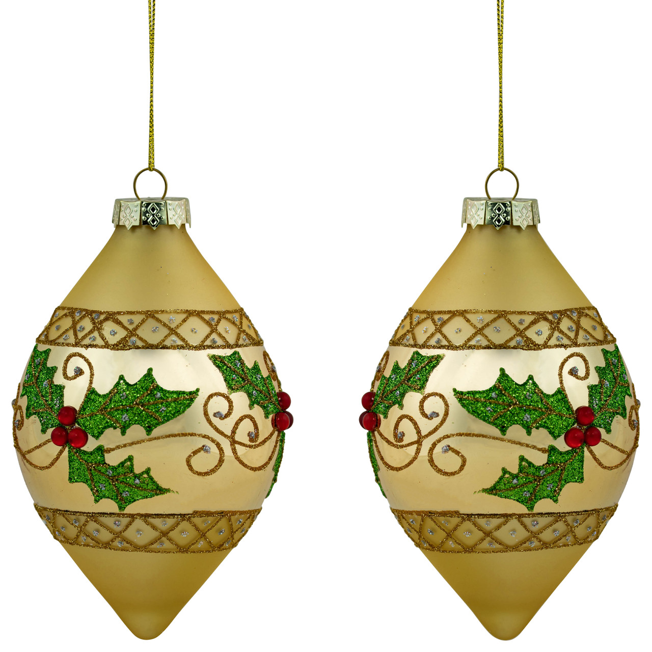 Set of 2 Golden Glitter Holly Finial Christmas Glass Ornaments 5"