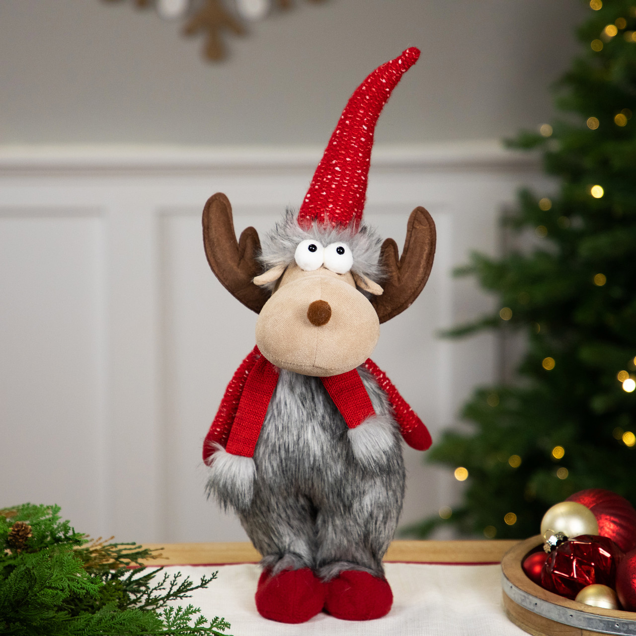 Standing Plush Moose Christmas Figure - 20" - Gray and Red