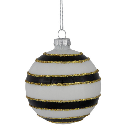 Shiny Finish Striped Christmas Glass Ball Ornaments - 3" (80mm) - White and Black  - Set of 4