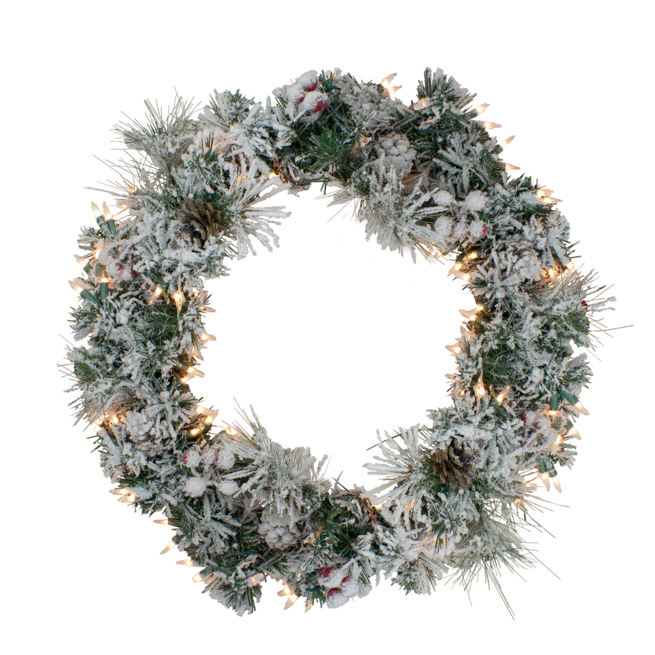 Pre-lit Heavily Flocked Pine Artificial Christmas Wreath - 24" - Clear Lights
