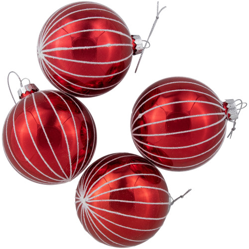 4ct Shiny Red and White Striped Glass Ball Christmas Ornaments 3" (80mm)